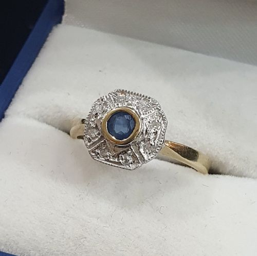 ART DECO SAPPHIRE 6 DIAMOND FAN HALO ON 9CT GOLD CONTINENTAL RING SIZE L - ADDITIONAL PHOTO 12