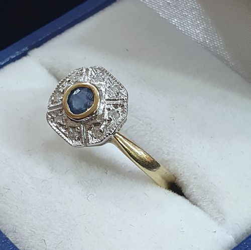 ART DECO SAPPHIRE 6 DIAMOND FAN HALO ON 9CT GOLD CONTINENTAL RING SIZE L - ADDITIONAL PHOTO 13