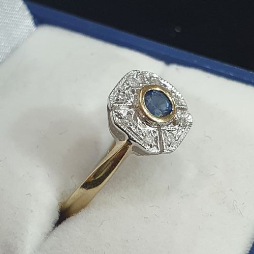 ART DECO SAPPHIRE 6 DIAMOND FAN HALO ON 9CT GOLD CONTINENTAL RING SIZE L - ADDITIONAL PHOTO 15