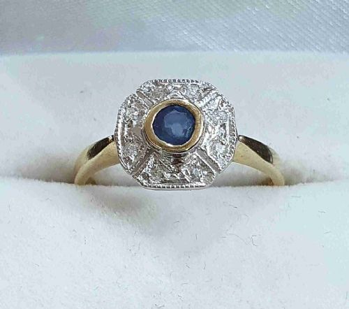 ART DECO SAPPHIRE 6 DIAMOND FAN HALO ON 9CT GOLD CONTINENTAL RING SIZE L - ADDITIONAL PHOTO 2