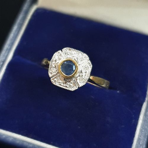 ART DECO SAPPHIRE 6 DIAMOND FAN HALO ON 9CT GOLD CONTINENTAL RING SIZE L - ADDITIONAL PHOTO 1
