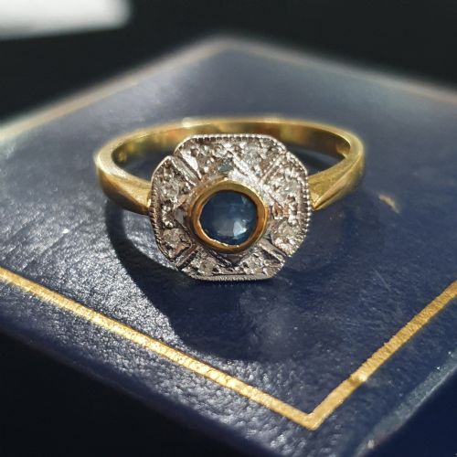 ART DECO SAPPHIRE 6 DIAMOND FAN HALO ON 9CT GOLD CONTINENTAL RING SIZE L - ADDITIONAL PHOTO 3
