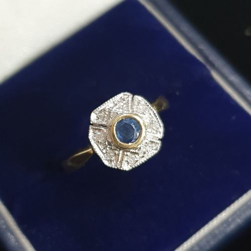ART DECO SAPPHIRE 6 DIAMOND FAN HALO ON 9CT GOLD CONTINENTAL RING SIZE L - ADDITIONAL PHOTO 4