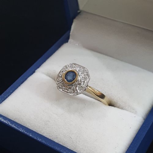 ART DECO SAPPHIRE 6 DIAMOND FAN HALO ON 9CT GOLD CONTINENTAL RING SIZE L - ADDITIONAL PHOTO 11