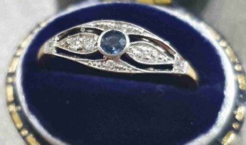 EDWARDIAN ART DECO CEYLON SAPPHIRE DIAMOND 18CT GOLD RING SIZE S - ADDITIONAL PHOTO 2