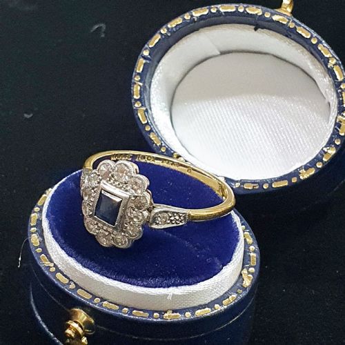 1930S ART DECO PRINCESS SAPPHIRE DIAMONDS 18CT GOLD RING SIZE R - ADDITIONAL PHOTO 13