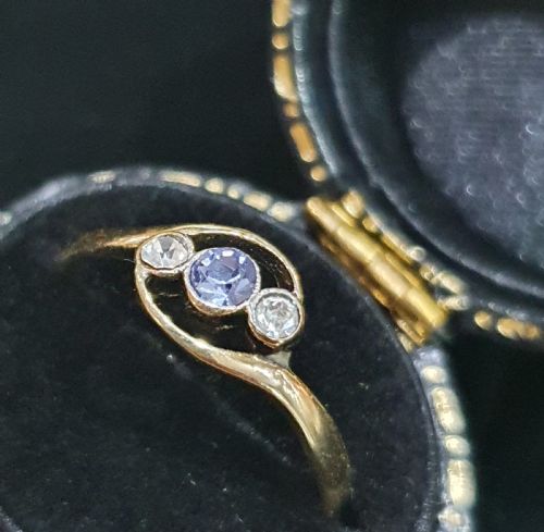 ART DECO OLD EUROPEAN CUT TANZANITE DIAMOND PLATINUM 9CT GOLD RING SIZE O - ADDITIONAL PHOTO 17