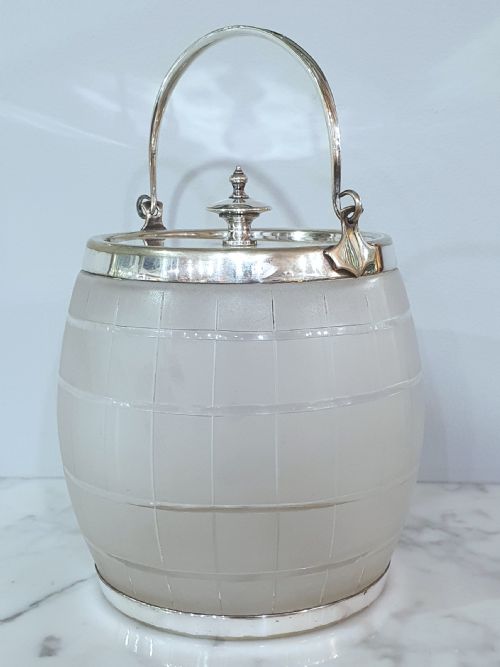 art deco mappin webb frosted glass ice pail biscuit jar with triple princes silver plate - CATEGORY: ANTIQUE GLASS - DATED 1920