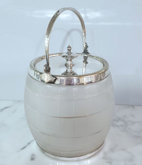 ART DECO MAPPIN WEBB FROSTED GLASS ICE PAIL BISCUIT JAR WITH TRIPLE PRINCES SILVER PLATE - ADDITIONAL PHOTO 1