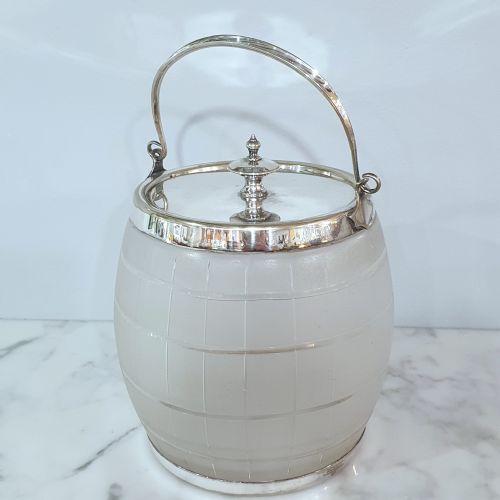 ART DECO MAPPIN WEBB FROSTED GLASS ICE PAIL BISCUIT JAR WITH TRIPLE PRINCES SILVER PLATE - ADDITIONAL PHOTO 2