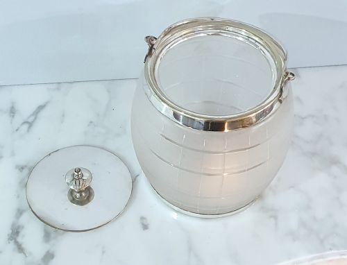 ART DECO MAPPIN WEBB FROSTED GLASS ICE PAIL BISCUIT JAR WITH TRIPLE PRINCES SILVER PLATE - ADDITIONAL PHOTO 3