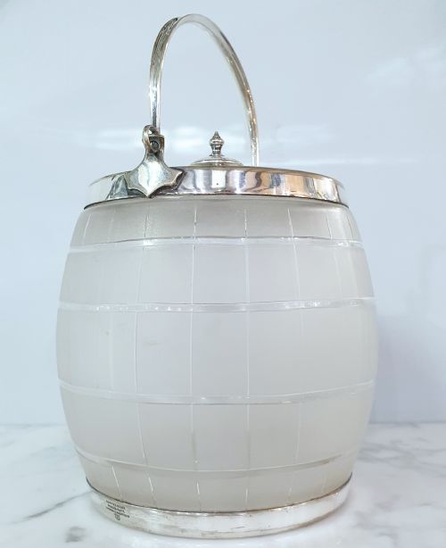 ART DECO MAPPIN WEBB FROSTED GLASS ICE PAIL BISCUIT JAR WITH TRIPLE PRINCES SILVER PLATE - ADDITIONAL PHOTO 6