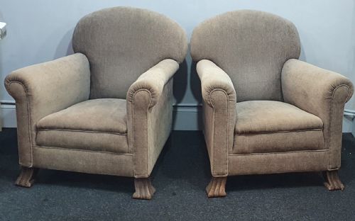 pair of edwardian armchairs reupholstered in grey beige neutral fabric - CATEGORY: ANTIQUE CHAIRS - DATED 1910