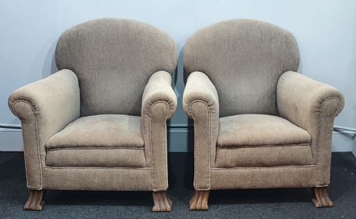 PAIR OF EDWARDIAN ARMCHAIRS REUPHOLSTERED IN GREY BEIGE NEUTRAL FABRIC - ADDITIONAL PHOTO 1