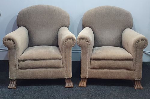PAIR OF EDWARDIAN ARMCHAIRS REUPHOLSTERED IN GREY BEIGE NEUTRAL FABRIC - ADDITIONAL PHOTO 2