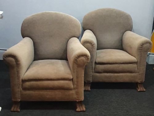 PAIR OF EDWARDIAN ARMCHAIRS REUPHOLSTERED IN GREY BEIGE NEUTRAL FABRIC - ADDITIONAL PHOTO 3