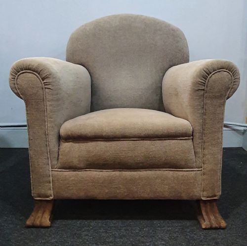 PAIR OF EDWARDIAN ARMCHAIRS REUPHOLSTERED IN GREY BEIGE NEUTRAL FABRIC - ADDITIONAL PHOTO 4