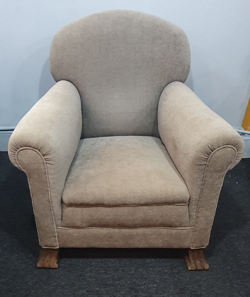 PAIR OF EDWARDIAN ARMCHAIRS REUPHOLSTERED IN GREY BEIGE NEUTRAL FABRIC - ADDITIONAL PHOTO 5
