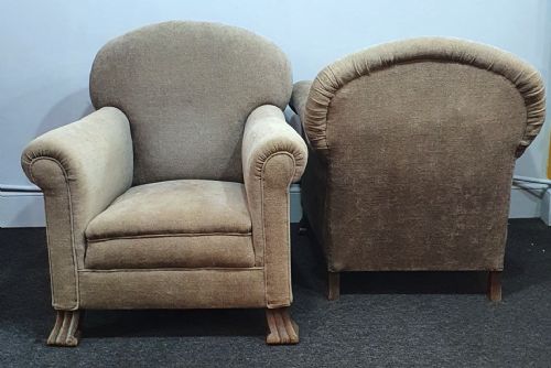 PAIR OF EDWARDIAN ARMCHAIRS REUPHOLSTERED IN GREY BEIGE NEUTRAL FABRIC - ADDITIONAL PHOTO 7