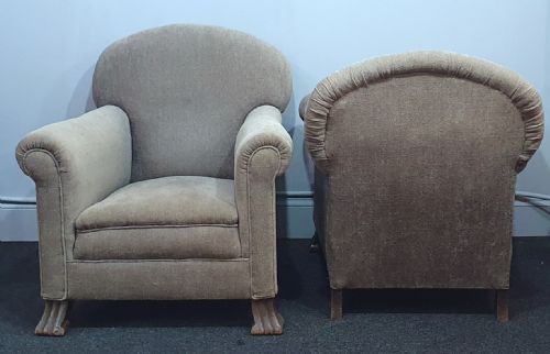 PAIR OF EDWARDIAN ARMCHAIRS REUPHOLSTERED IN GREY BEIGE NEUTRAL FABRIC - ADDITIONAL PHOTO 9