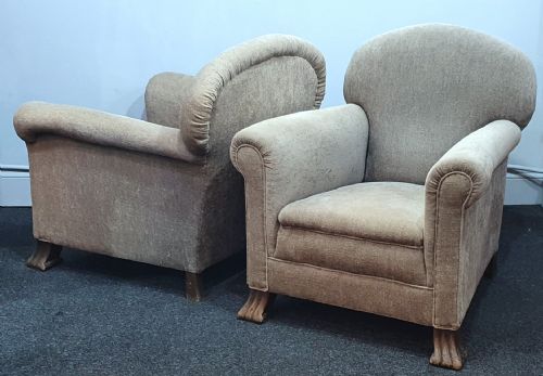 PAIR OF EDWARDIAN ARMCHAIRS REUPHOLSTERED IN GREY BEIGE NEUTRAL FABRIC - ADDITIONAL PHOTO 10