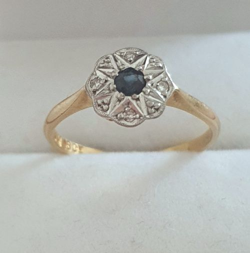 ART DECO PLATINUM SET DIAMONDS SAPPHIRE RING ON 18CT GOLD SIZE M - ADDITIONAL PHOTO 1