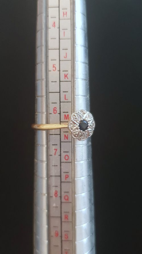 ART DECO PLATINUM SET DIAMONDS SAPPHIRE RING ON 18CT GOLD SIZE M - ADDITIONAL PHOTO 5