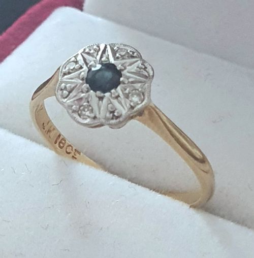 ART DECO PLATINUM SET DIAMONDS SAPPHIRE RING ON 18CT GOLD SIZE M - ADDITIONAL PHOTO 6