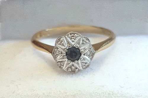 ART DECO PLATINUM SET DIAMONDS SAPPHIRE RING ON 18CT GOLD SIZE M - ADDITIONAL PHOTO 8