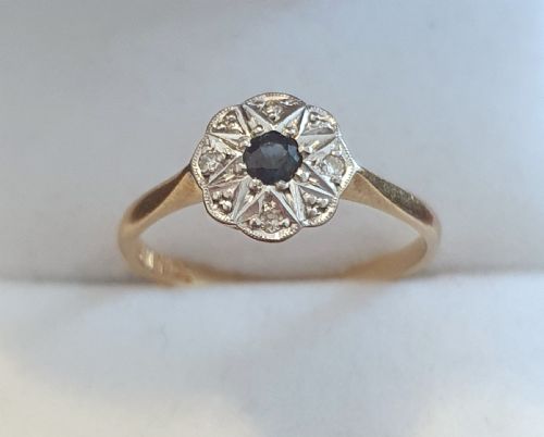 ART DECO PLATINUM SET DIAMONDS SAPPHIRE RING ON 18CT GOLD SIZE M - ADDITIONAL PHOTO 9