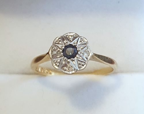 ART DECO PLATINUM SET DIAMONDS SAPPHIRE RING ON 18CT GOLD SIZE M - ADDITIONAL PHOTO 10