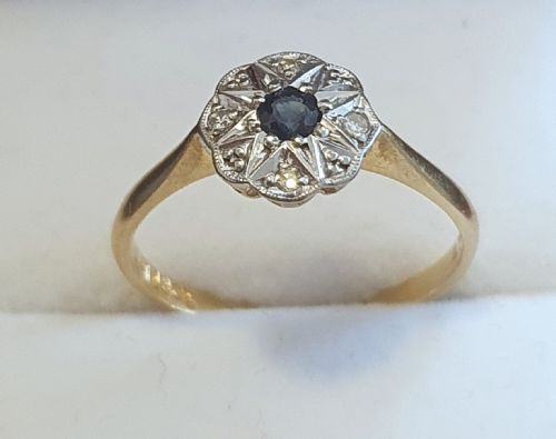 ART DECO PLATINUM SET DIAMONDS SAPPHIRE RING ON 18CT GOLD SIZE M - ADDITIONAL PHOTO 11