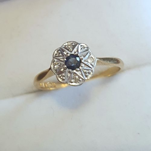 ART DECO PLATINUM SET DIAMONDS SAPPHIRE RING ON 18CT GOLD SIZE M - ADDITIONAL PHOTO 12
