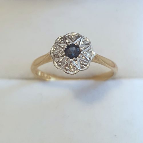 ART DECO PLATINUM SET DIAMONDS SAPPHIRE RING ON 18CT GOLD SIZE M - ADDITIONAL PHOTO 13