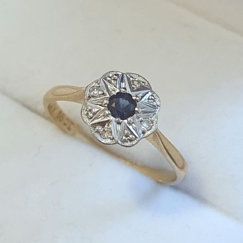 ART DECO PLATINUM SET DIAMONDS SAPPHIRE RING ON 18CT GOLD SIZE M - ADDITIONAL PHOTO 14