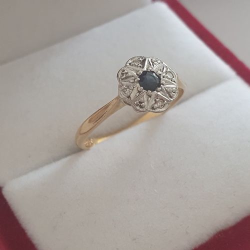 ART DECO PLATINUM SET DIAMONDS SAPPHIRE RING ON 18CT GOLD SIZE M - ADDITIONAL PHOTO 2