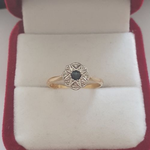 ART DECO PLATINUM SET DIAMONDS SAPPHIRE RING ON 18CT GOLD SIZE M - ADDITIONAL PHOTO 3