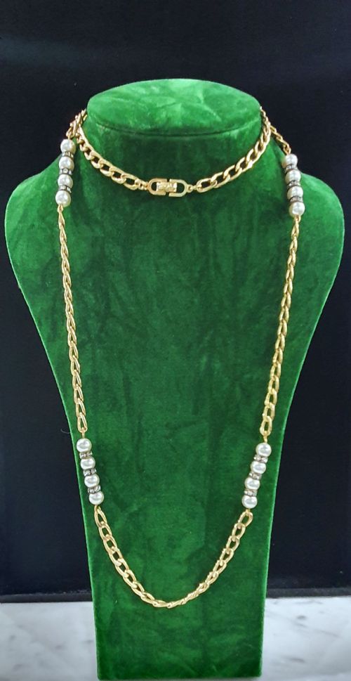 vintage christian dior long double length faux pearl crystals 18ct gold plated necklace - CATEGORY: ANTIQUE JEWELLERY - DATED 1960