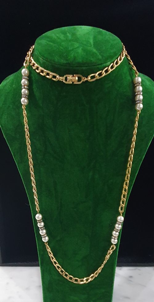 VINTAGE CHRISTIAN DIOR LONG DOUBLE LENGTH FAUX PEARL CRYSTALS 18CT GOLD PLATED NECKLACE - ADDITIONAL PHOTO 2