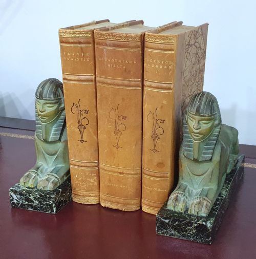 french art deco sphinx bookends on marble plinths in the style of max le verrier c1920s30s - CATEGORY: ANTIQUE MISCELLANEOUS - DATED 1920