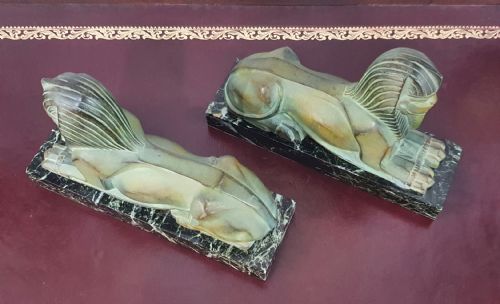 FRENCH ART DECO SPHINX BOOKENDS ON MARBLE PLINTHS IN THE STYLE OF MAX LE VERRIER C1920S30S - ADDITIONAL PHOTO 8