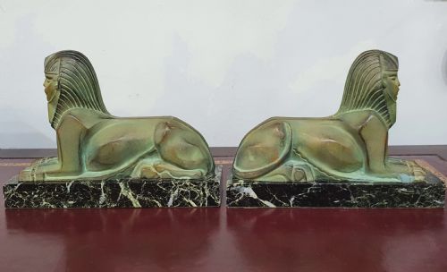 FRENCH ART DECO SPHINX BOOKENDS ON MARBLE PLINTHS IN THE STYLE OF MAX LE VERRIER C1920S30S - ADDITIONAL PHOTO 12