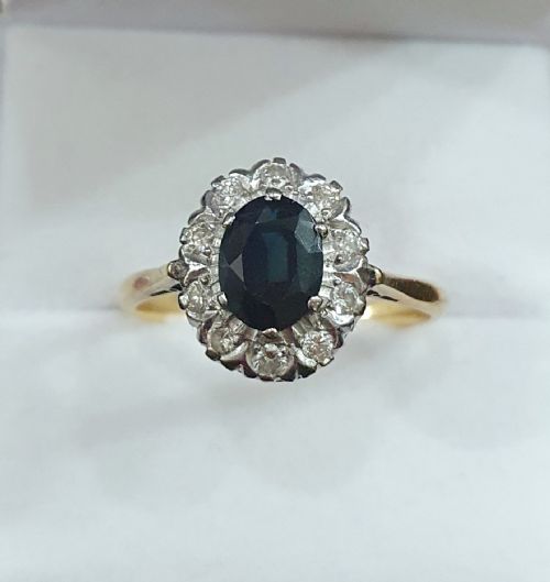 LATE ART DECO 1CT SAPPHIRE DIAMOND HALO 18CT GOLD RING C1930S50S - ADDITIONAL PHOTO 5
