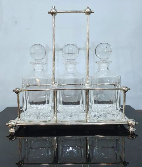 Art Deco Tantalus in Dr. Christopher Dresser Manner & Original 3 Cut Crystal Decanters