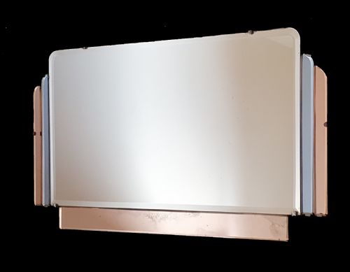rare pink blue panels art deco mirror c1920 on original wooden backing hanging chain - CATEGORY: ANTIQUE MIRRORS - DATED 1920
