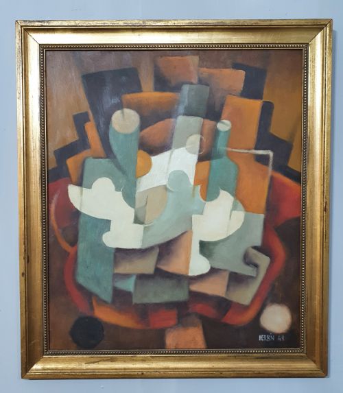 jean herbin 1948 french cubist oil on board of abstract still life - CATEGORY: ANTIQUE ART - DATED 1940