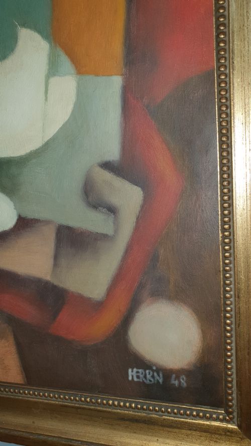 JEAN HERBIN 1948 FRENCH CUBIST OIL ON BOARD OF ABSTRACT STILL LIFE - ADDITIONAL PHOTO 6