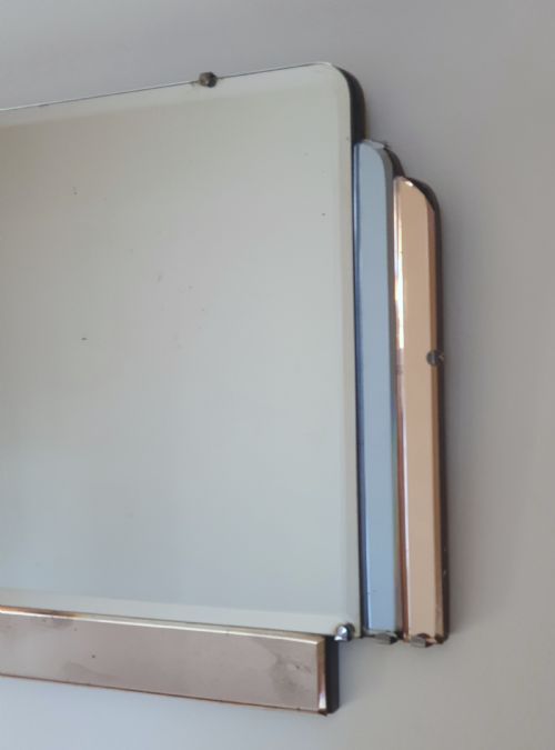 RARE PINK BLUE PANELS ART DECO MIRROR C1920 ON ORIGINAL WOODEN BACKING HANGING CHAIN - ADDITIONAL PHOTO 1