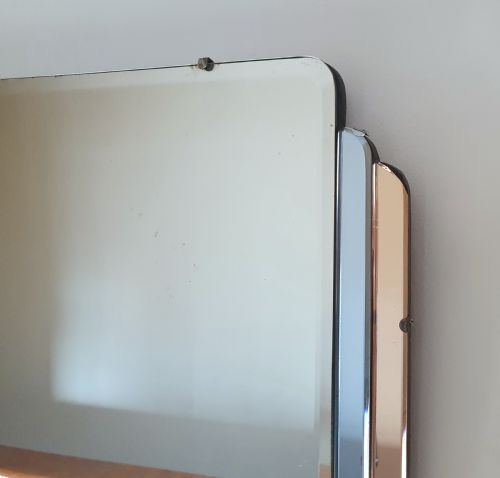RARE PINK BLUE PANELS ART DECO MIRROR C1920 ON ORIGINAL WOODEN BACKING HANGING CHAIN - ADDITIONAL PHOTO 2
