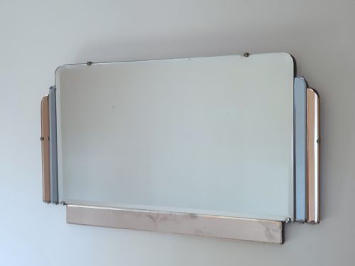 RARE PINK BLUE PANELS ART DECO MIRROR C1920 ON ORIGINAL WOODEN BACKING HANGING CHAIN - ADDITIONAL PHOTO 3